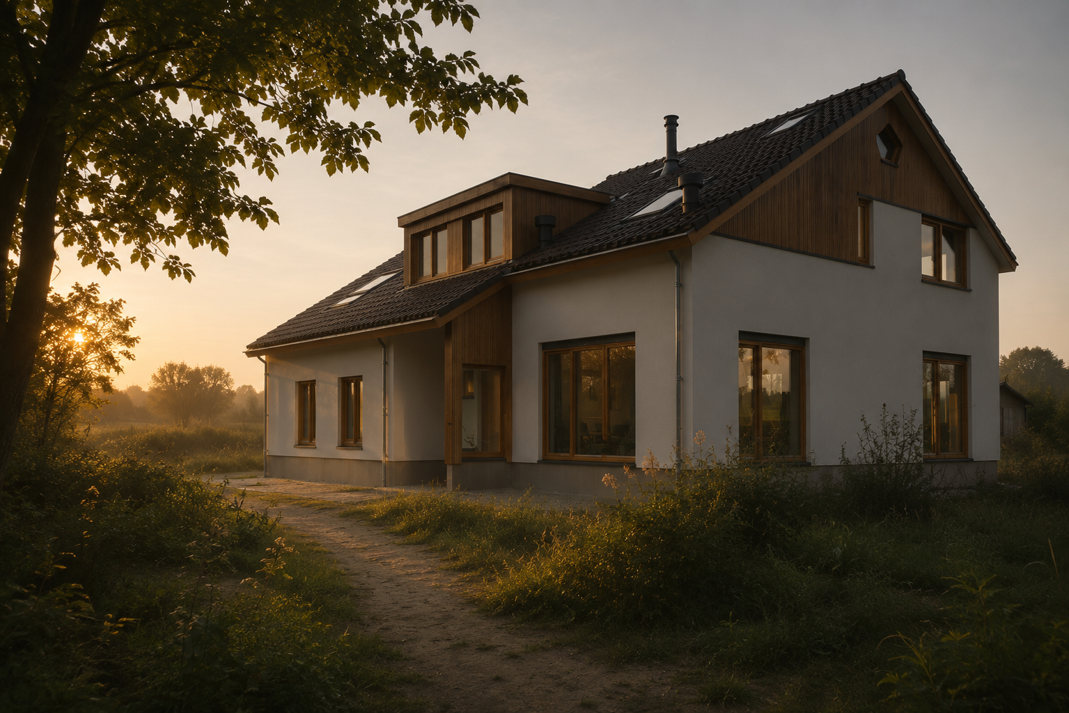 Het huis in het landschap bij zonsondergang